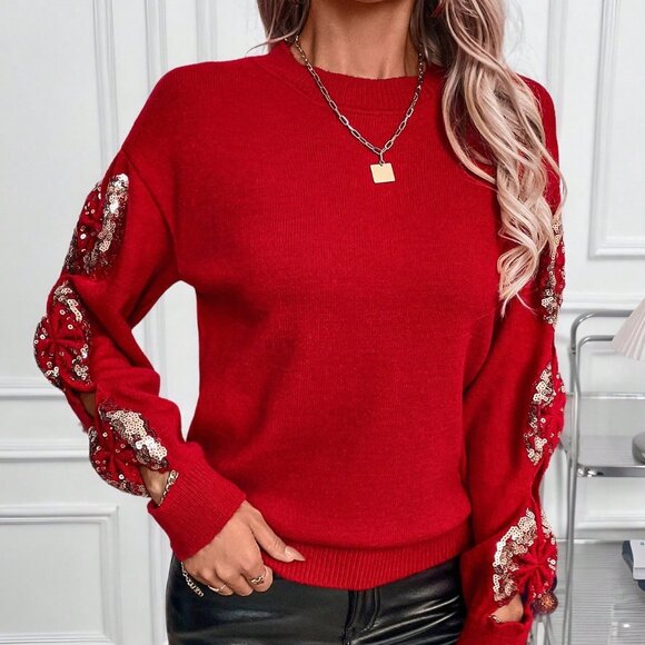 Red Casual Women's Christmas Sequin Pullover Sweater - Picture 4 of 7
